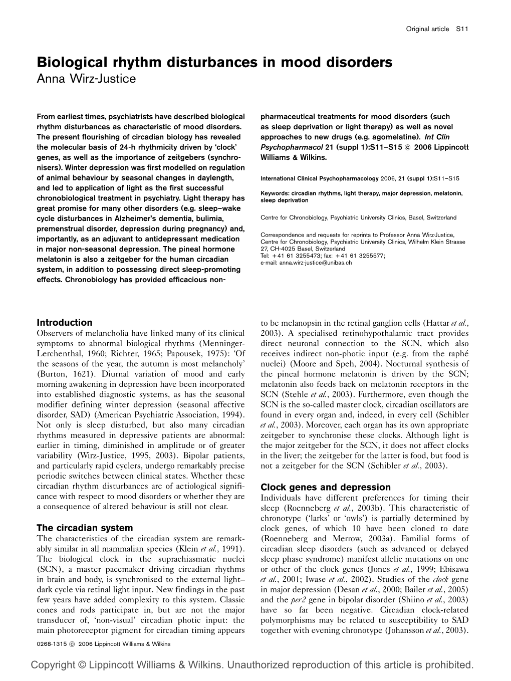 Biological Rhythm Disturbances in Mood Disorders Anna Wirz-Justice