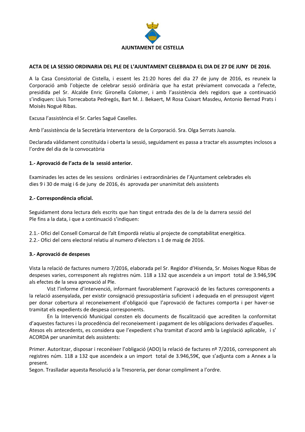 Ajuntament De Cistella Acta De La Sessio Ordinaria Del