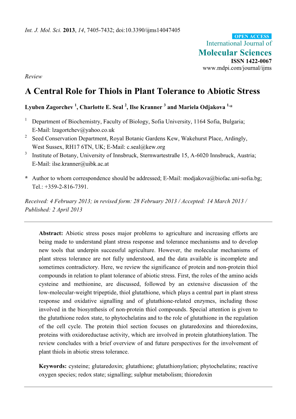 A Central Role for Thiols in Plant Tolerance to Abiotic Stress