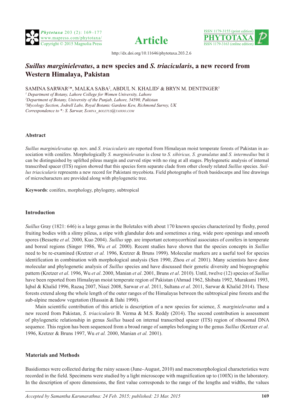 Suillus Marginielevatus, a New Species and S. Triacicularis, a New Record from Western Himalaya, Pakistan