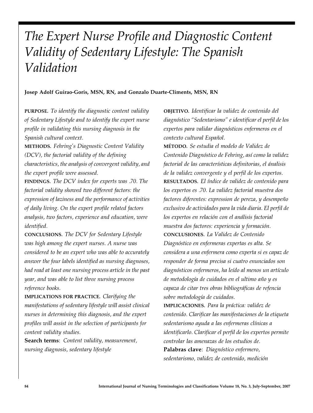 The Expert Nurse Profile and Diagnostic Content Validity of Sedentary Lifestyle: the Spanish Validation