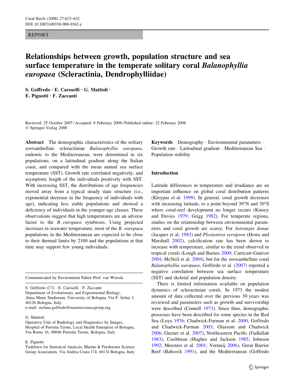 Relationships Between Growth, Population Structure and Sea Surface Temperature in the Temperate Solitary Coral Balanophyllia Europaea (Scleractinia, Dendrophylliidae)