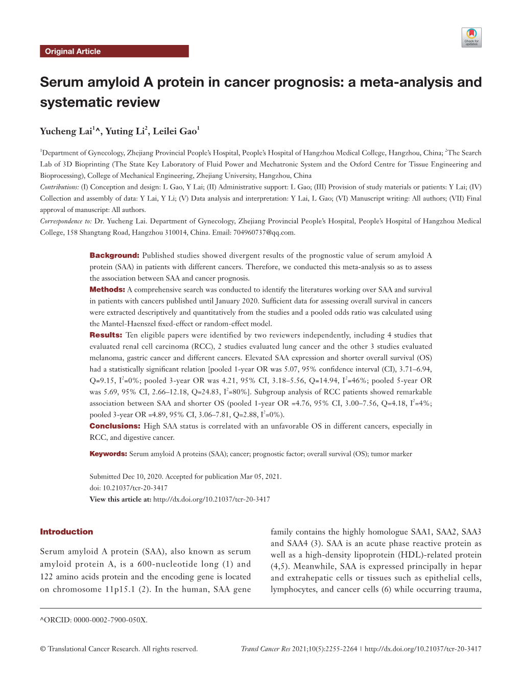 Serum Amyloid a Protein in Cancer Prognosis: a Meta-Analysis and Systematic Review