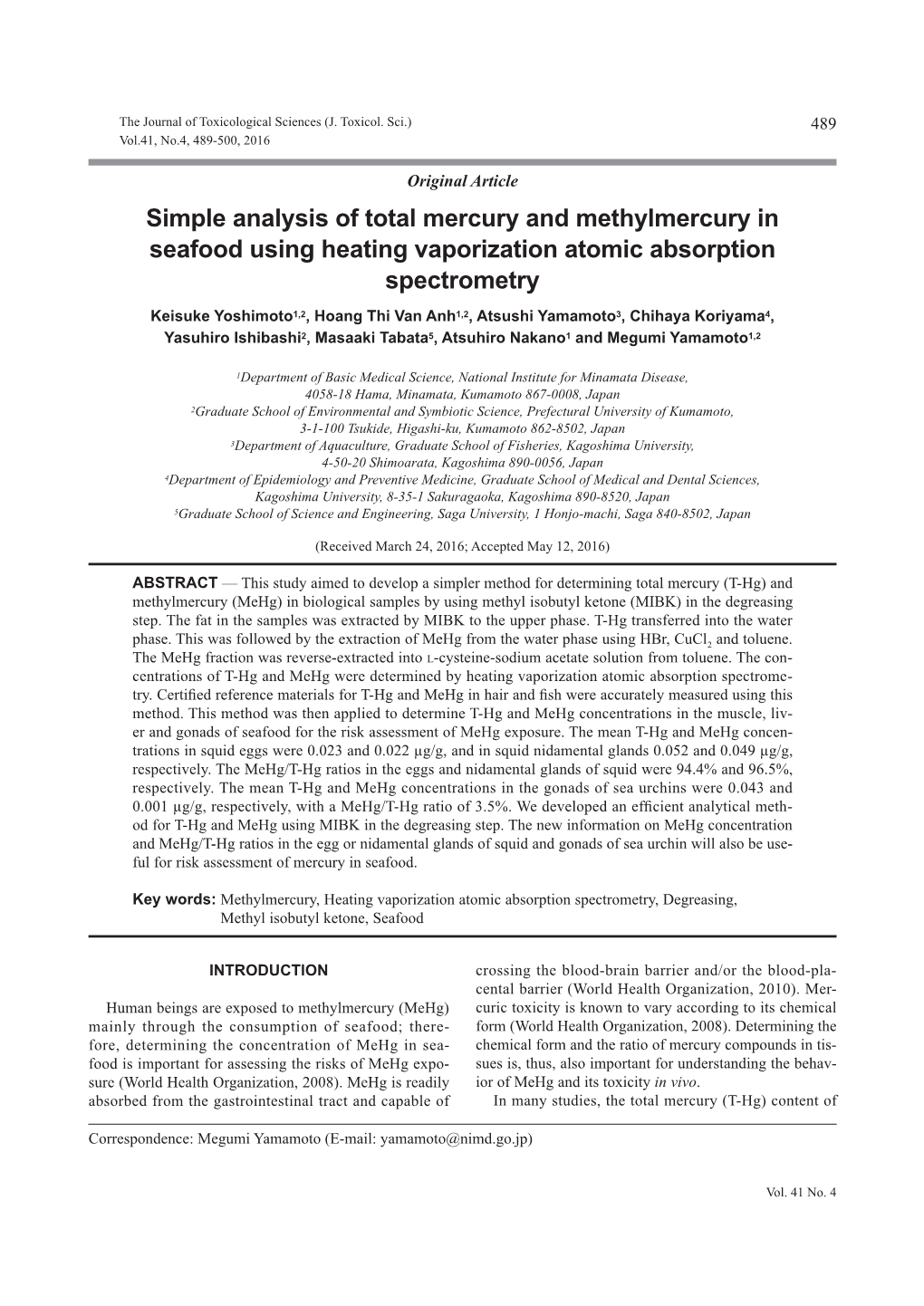 Simple Analysis of Total Mercury and Methylmercury in Seafood Using Heating Vaporization Atomic Absorption Spectrometry