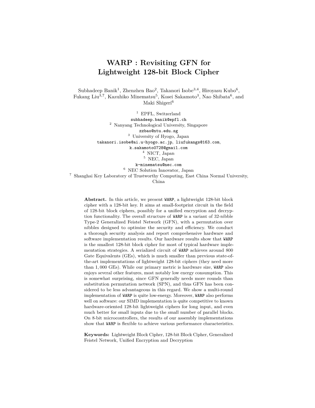 WARP : Revisiting GFN for Lightweight 128-Bit Block Cipher