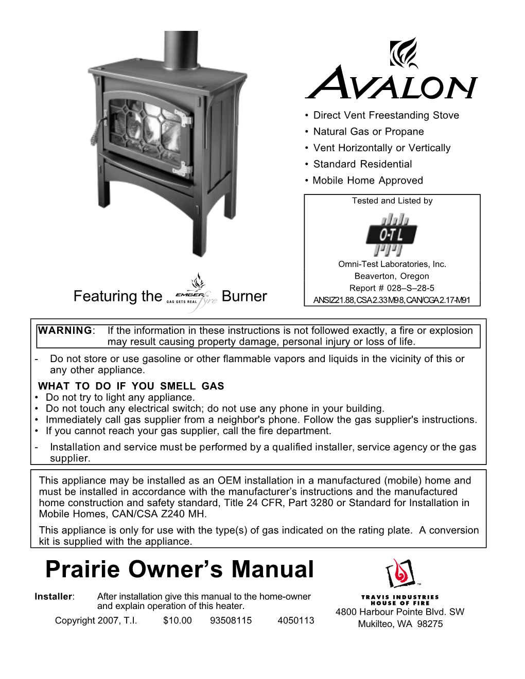 Prairie Owner's Manual