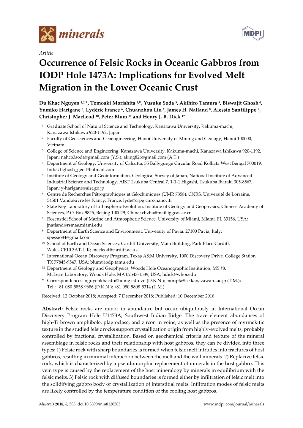 Occurrence of Felsic Rocks in Oceanic Gabbros from IODP Hole 1473A: Implications for Evolved Melt Migration in the Lower Oceanic Crust