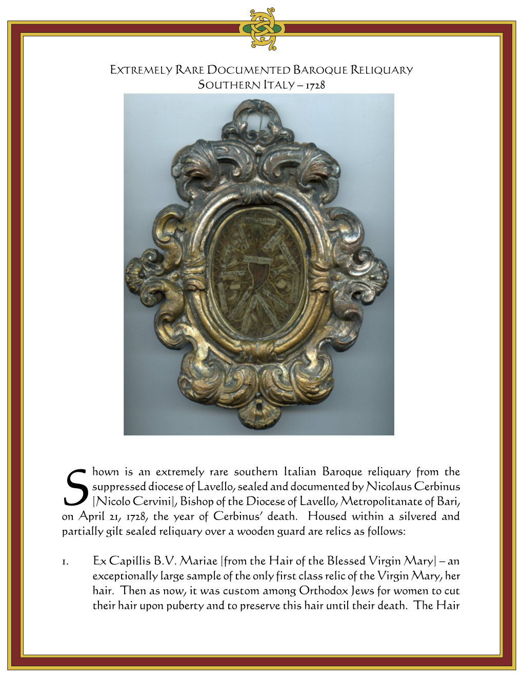 Shown Is an Extremely Rare Southern Italian Baroque Reliquary from The