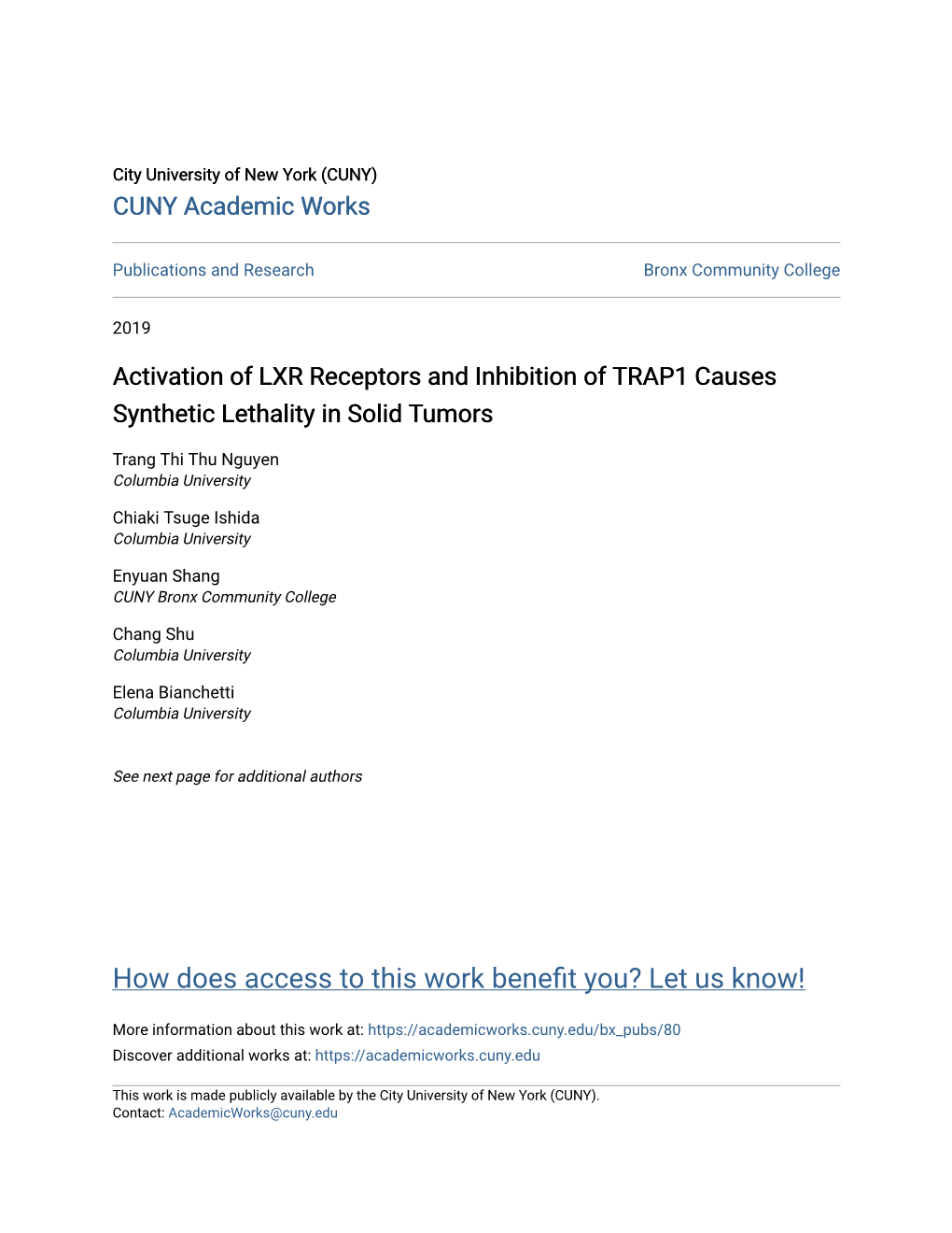 Activation of LXR Receptors and Inhibition of TRAP1 Causes Synthetic Lethality in Solid Tumors