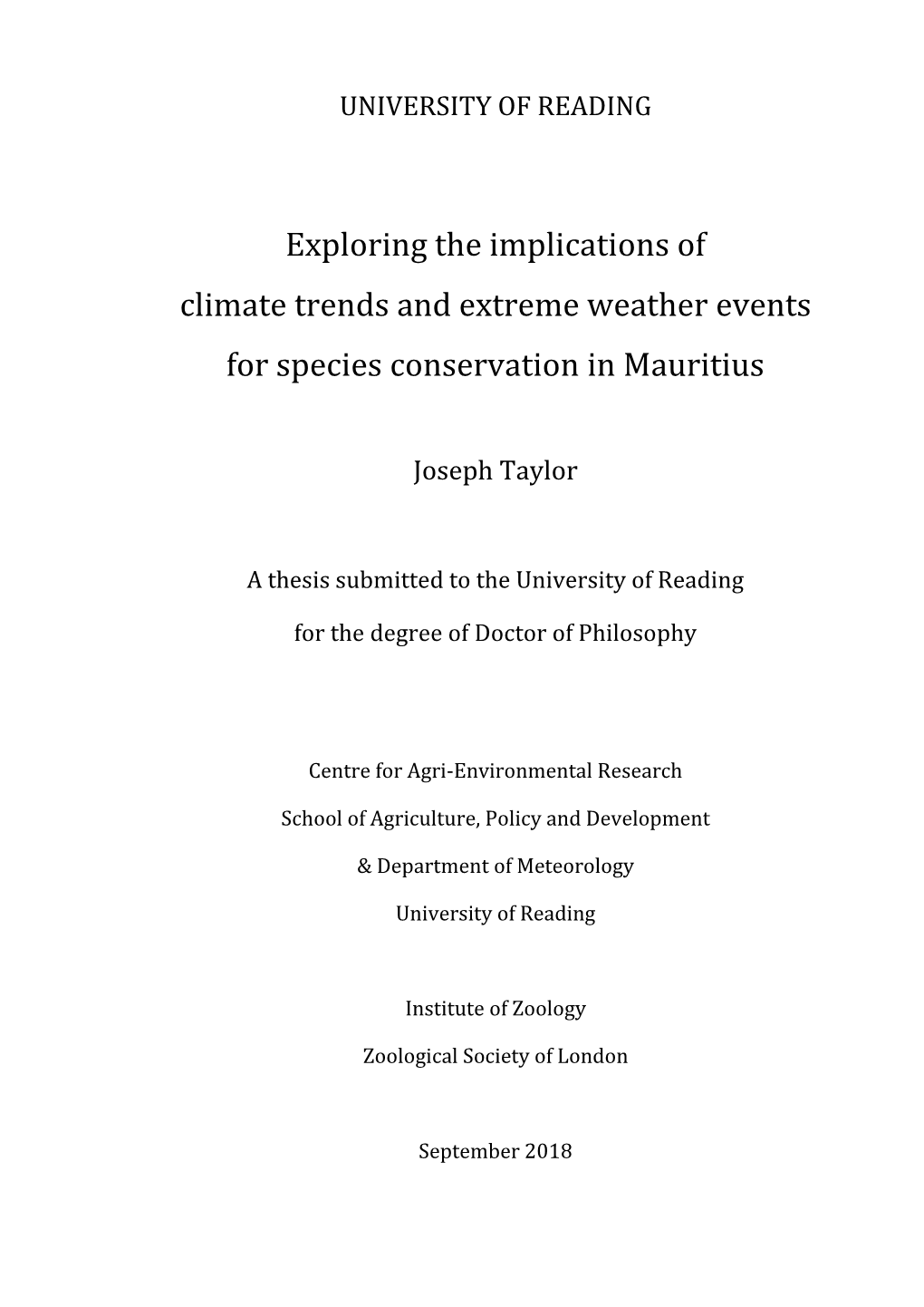 Exploring the Implications of Climate Trends and Extreme Weather Events for Species Conservation in Mauritius