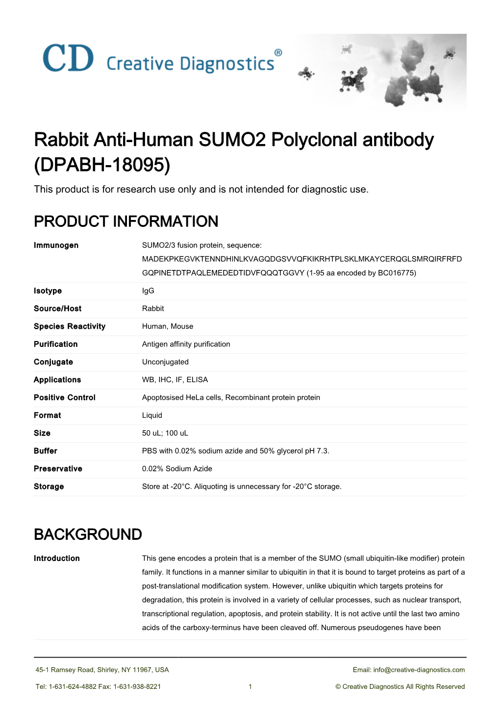 Rabbit Anti-Human SUMO2 Polyclonal Antibody (DPABH-18095) This Product Is for Research Use Only and Is Not Intended for Diagnostic Use