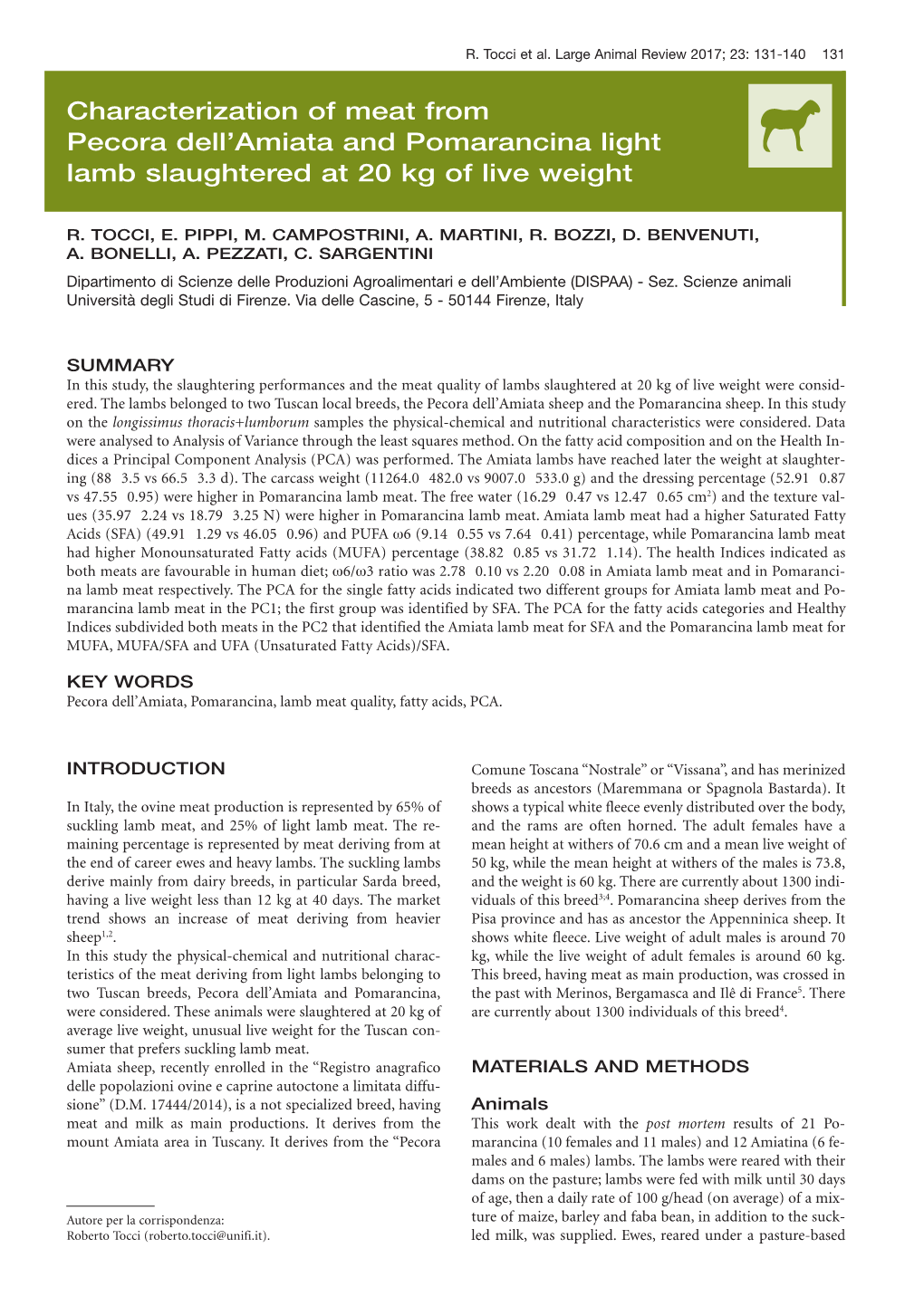 Characterization of Meat from Pecora Dell'amiata and Pomarancina Light