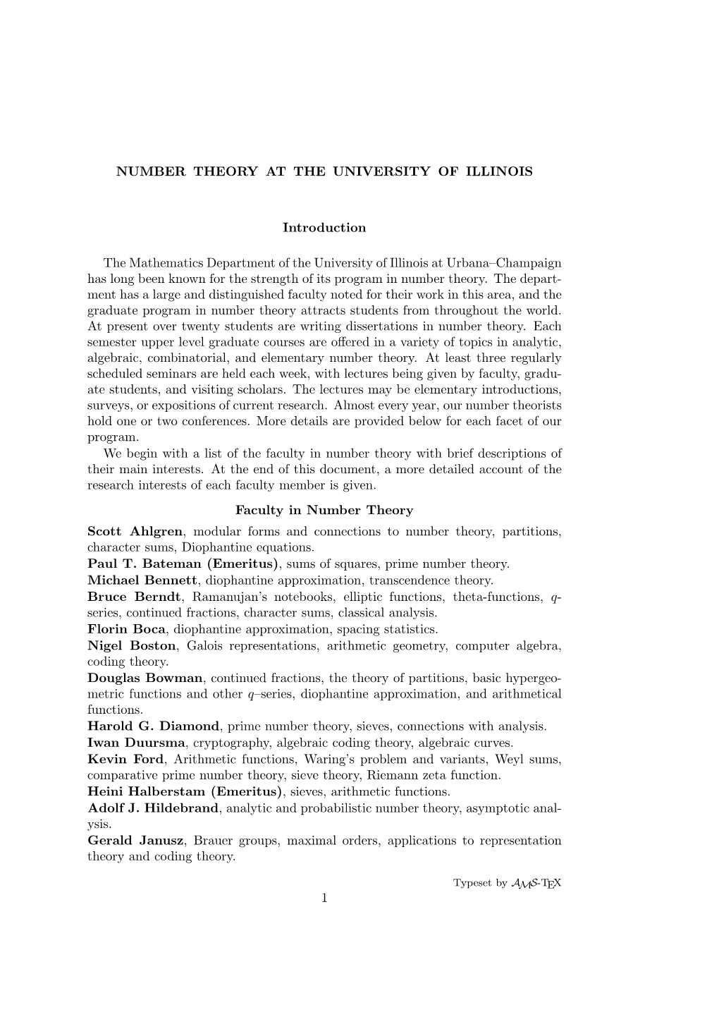 NUMBER THEORY at the UNIVERSITY of ILLINOIS Introduction