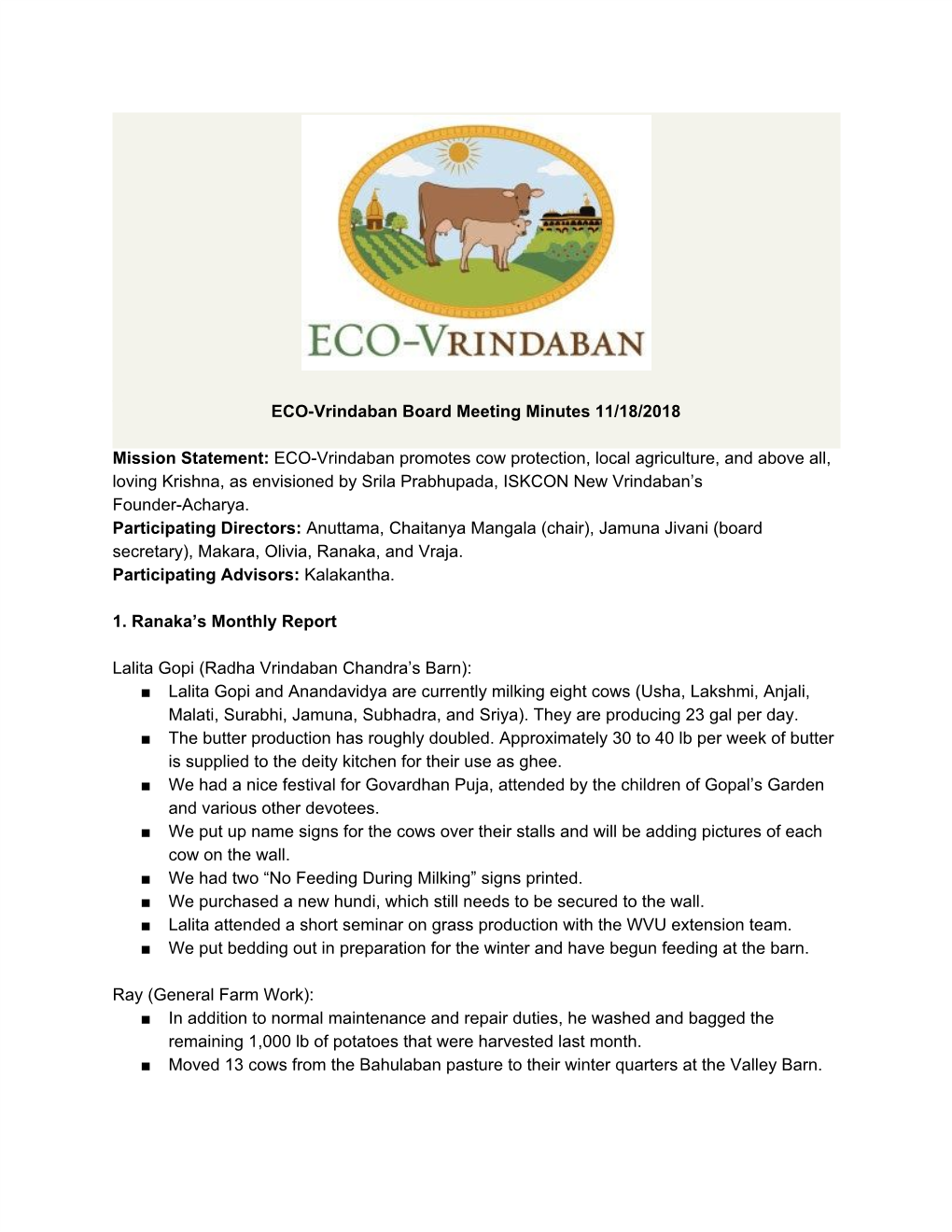 ECO-Vrindaban Promotes Cow Protection, Local Agriculture, and Above All, ​ Loving Krishna, As Envisioned by Srila Prabhupada, ISKCON New Vrindaban’S Founder-Acharya