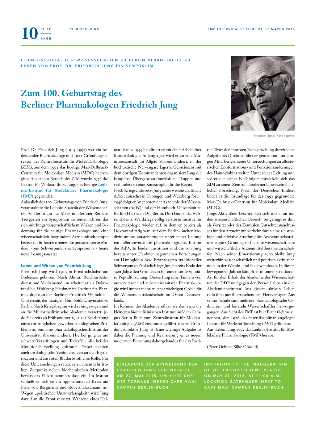 Zum 100. Geburtstag Des Berliner Pharmakologen Friedrich Jung