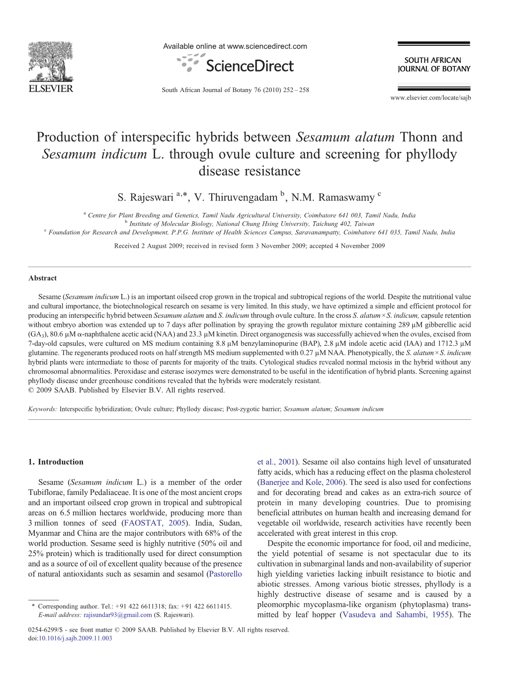 Production of Interspecific Hybrids Between Sesamum Alatum Thonn and Sesamum Indicum L