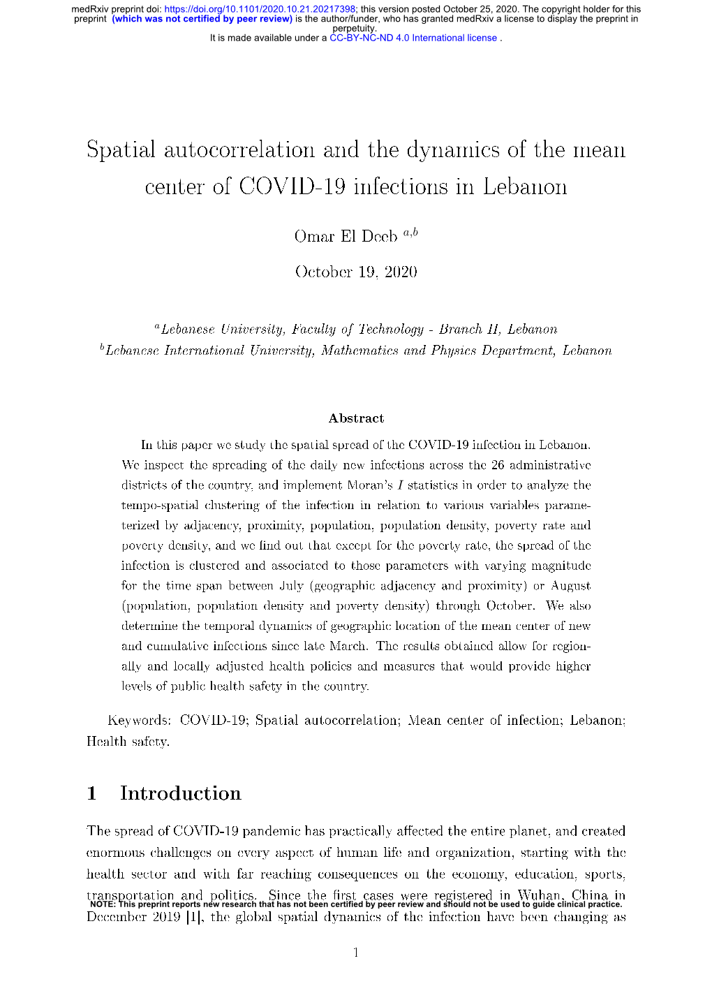 Spatial Autocorrelation and the Dynamics of the Mean Center of COVID-19 Infections in Lebanon