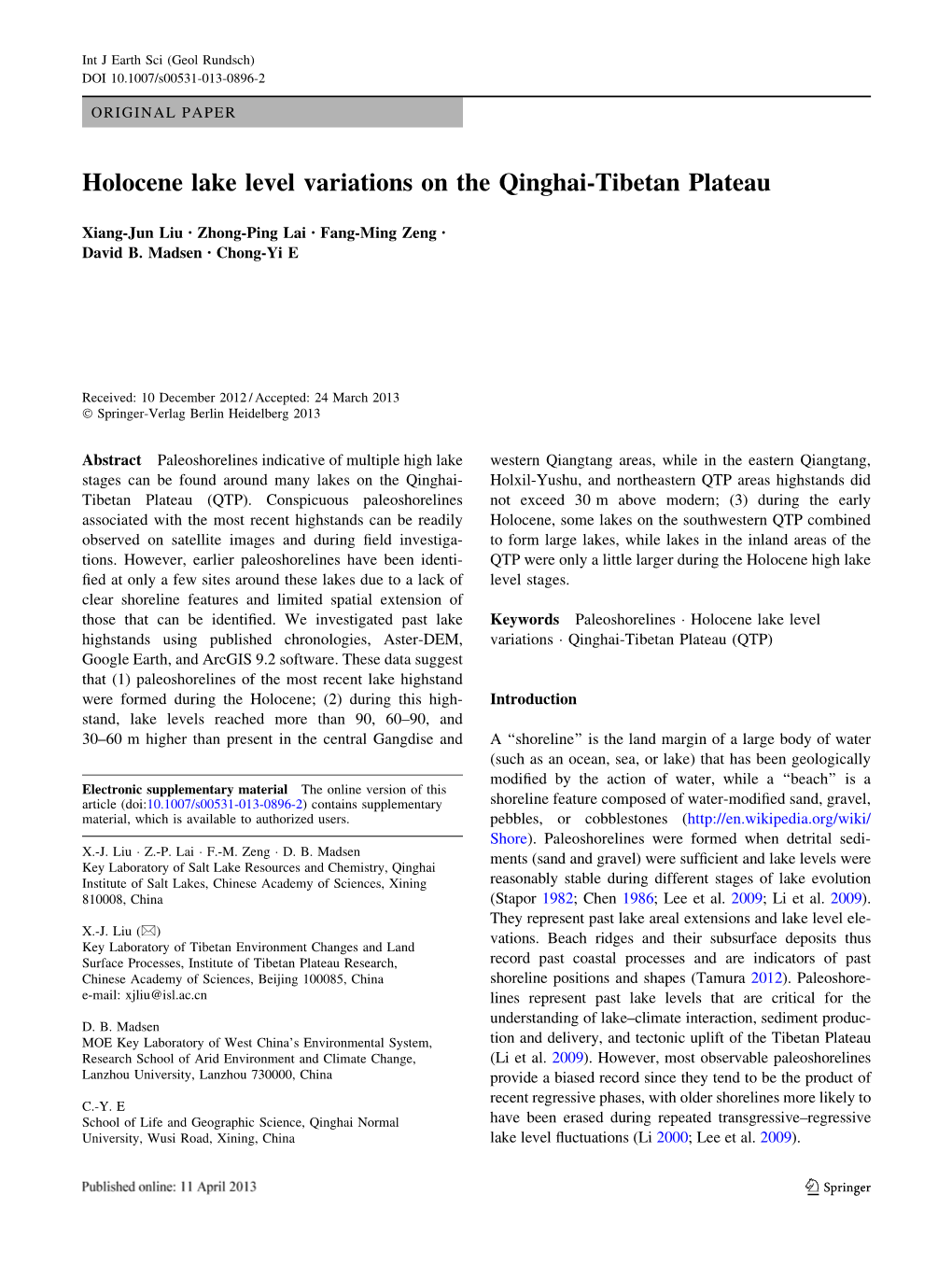 Holocene Lake Level Variations on the Qinghai-Tibetan Plateau.Pdf