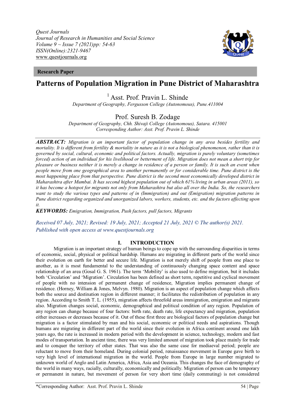 Patterns of Population Migration in Pune District of Maharashtra