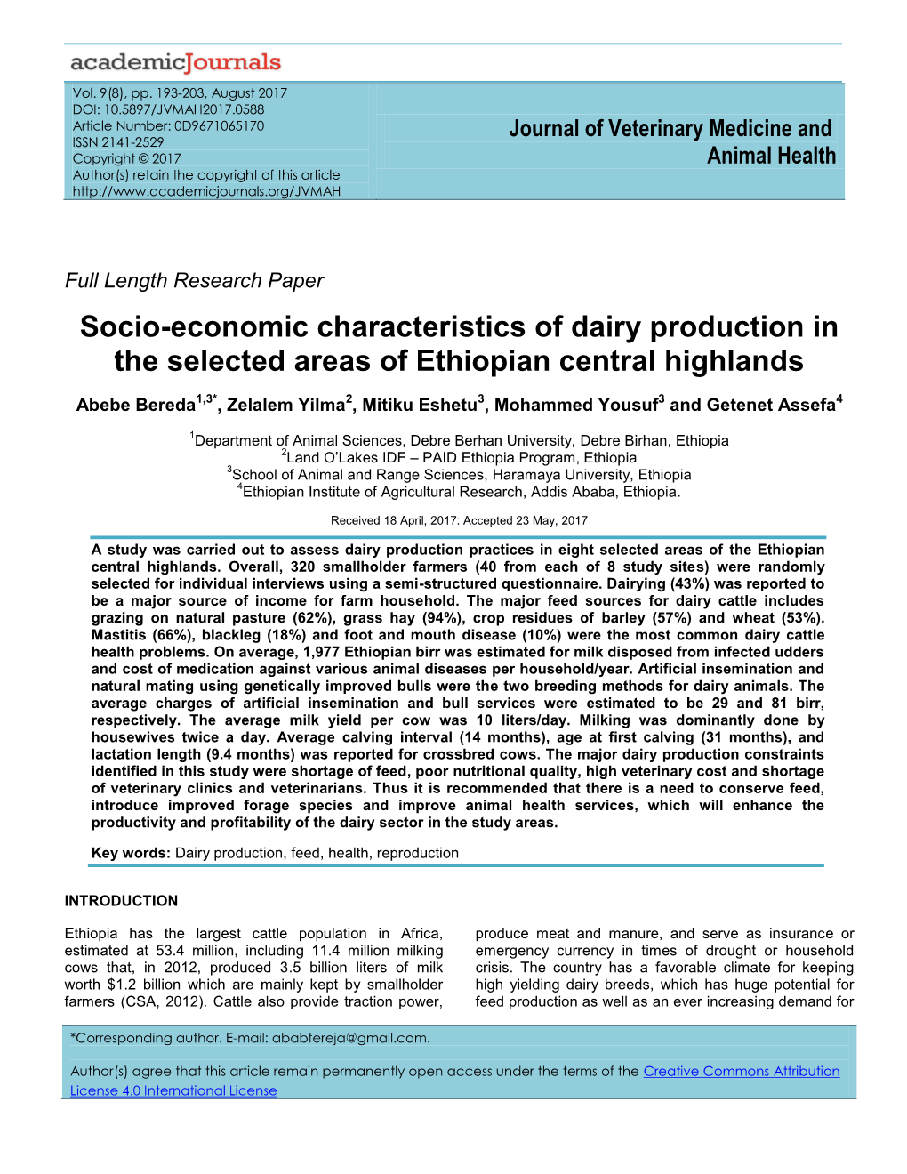 Socio-Economic Characteristics of Dairy Production in the Selected Areas of Ethiopian Central Highlands