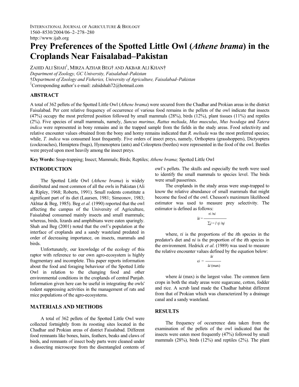 Prey Preferences of the Spotted Little Owl (Athene Brama) in the Croplands Near Faisalabad–Pakistan