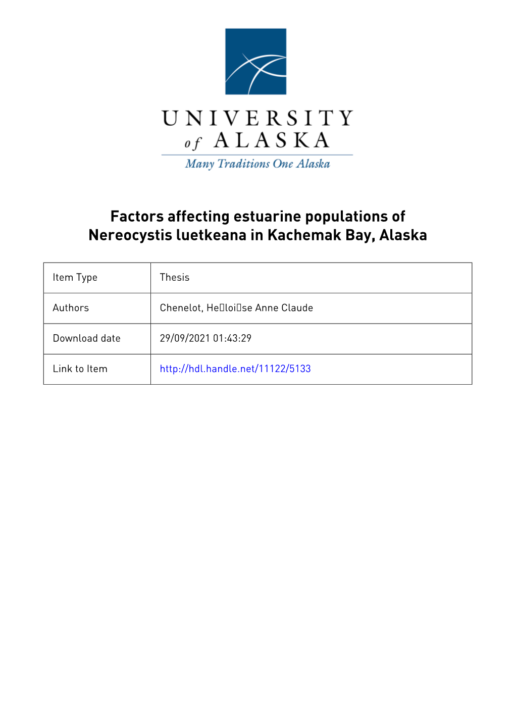 Factors Affecting Estuarine Populations of Nereocystis Luetkeana in Kachemak Bay, Alaska