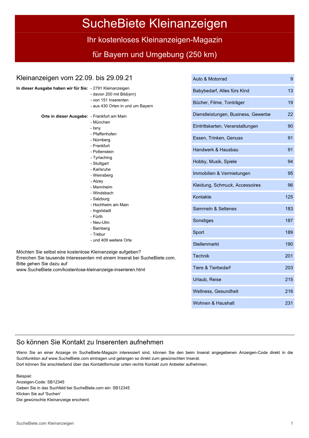 Suchebiete Kleinanzeigenzeitung Bayern