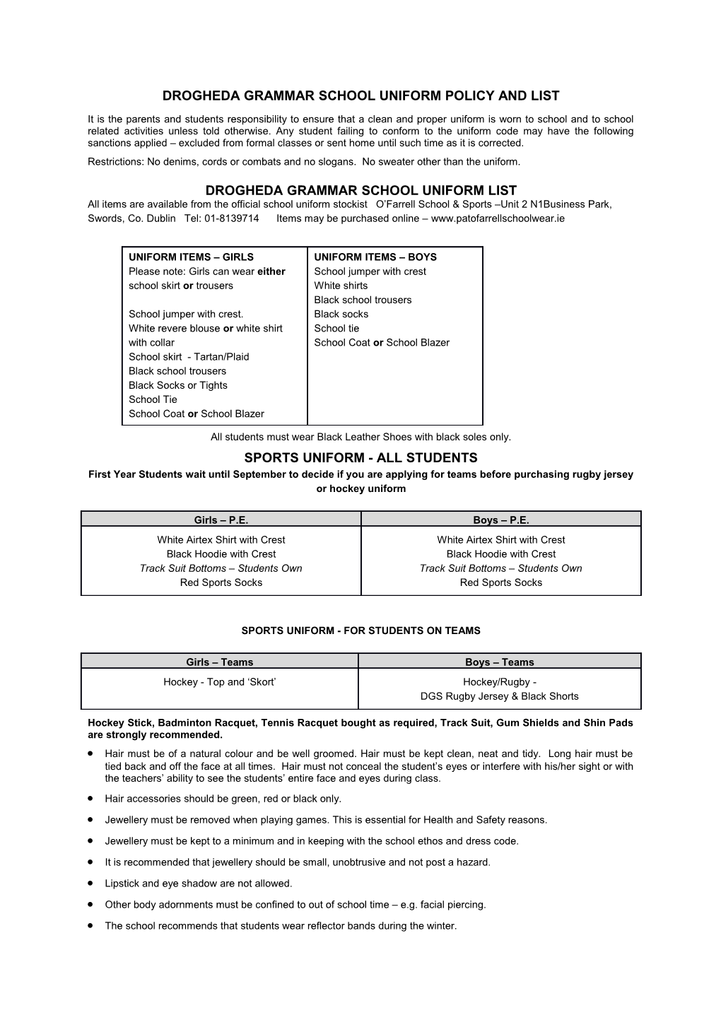 Drogheda Grammar School Uniform Policy and List