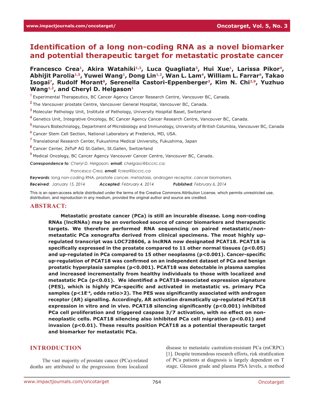 Identification of a Long Non-Coding RNA As a Novel Biomarker and Potential Therapeutic Target for Metastatic Prostate Cancer