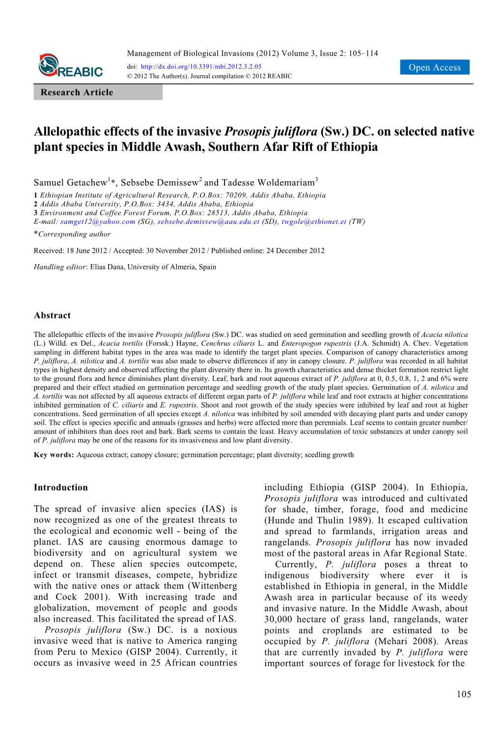 Allelopathic Effects of the Invasive Prosopis Juliflora (Sw.) DC