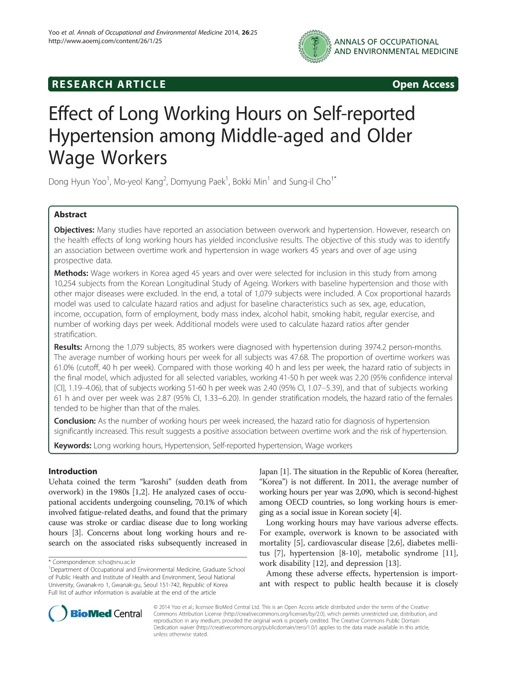 Effect of Long Working Hours on Self-Reported Hypertension Among