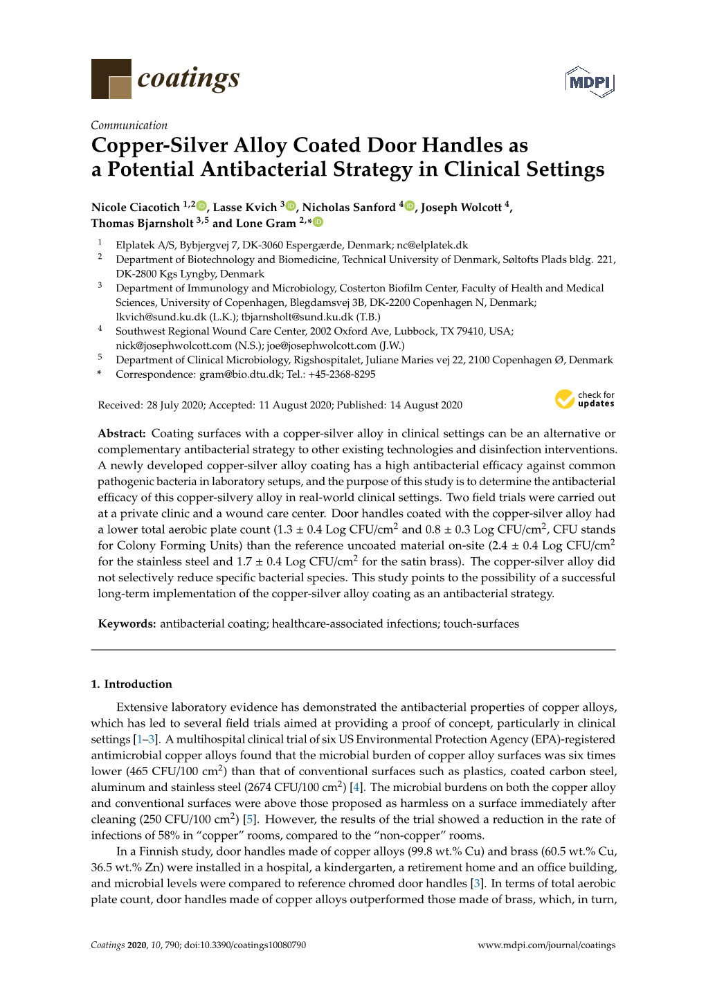 Copper-Silver Alloy Coated Door Handles As a Potential Antibacterial Strategy in Clinical Settings