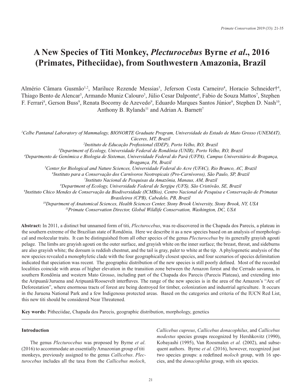 A New Species of Titi Monkey, Plecturocebus Byrne Et Al., 2016 (Primates, Pitheciidae), from Southwestern Amazonia, Brazil