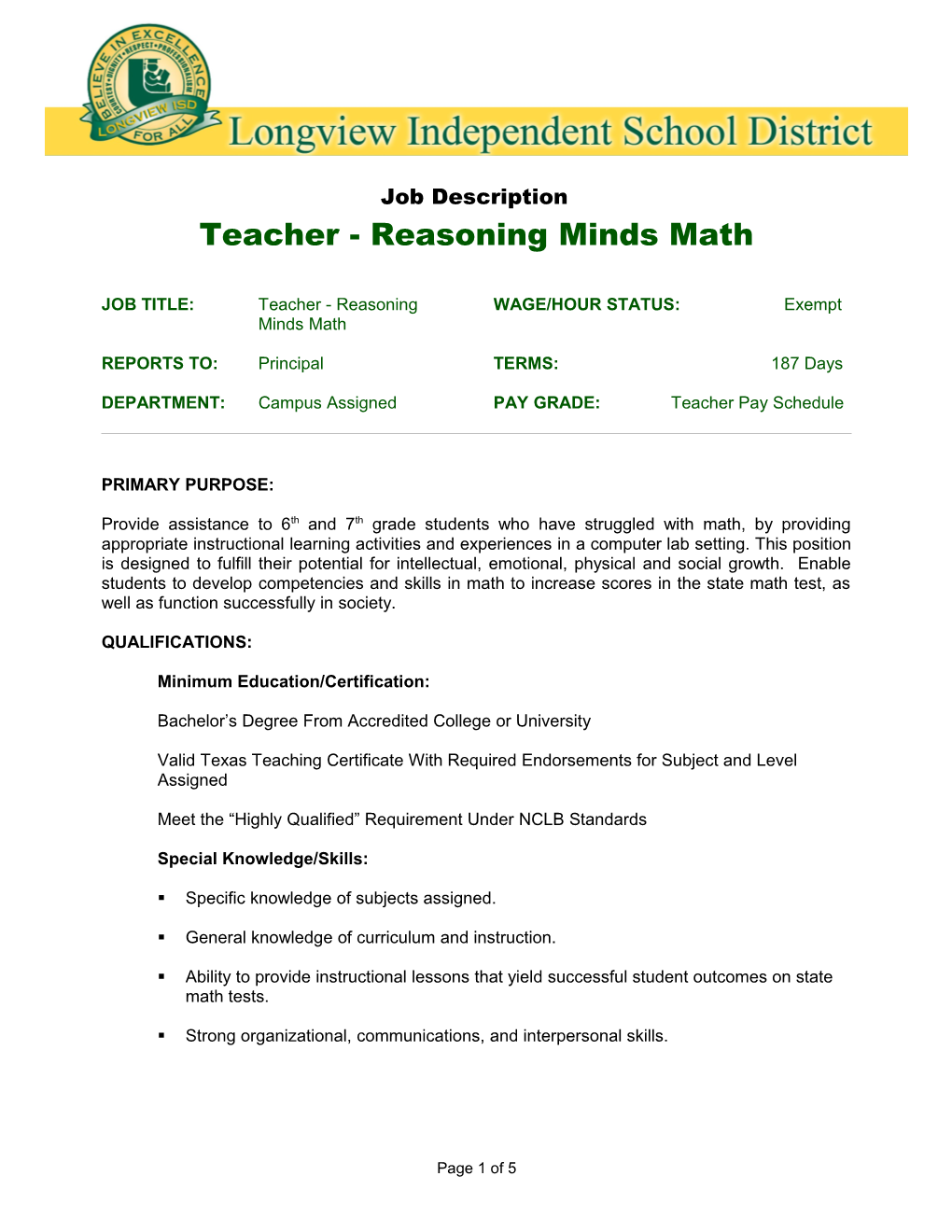 JOB TITLE: Reasoning Minds Math Teacher