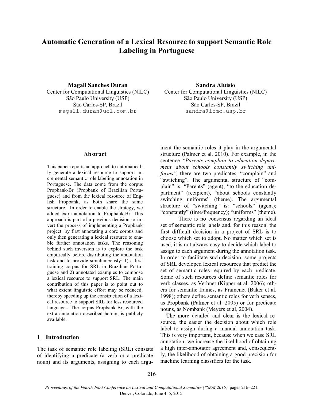 Automatic Generation of a Lexical Resource to Support Semantic Role Labeling in Portuguese