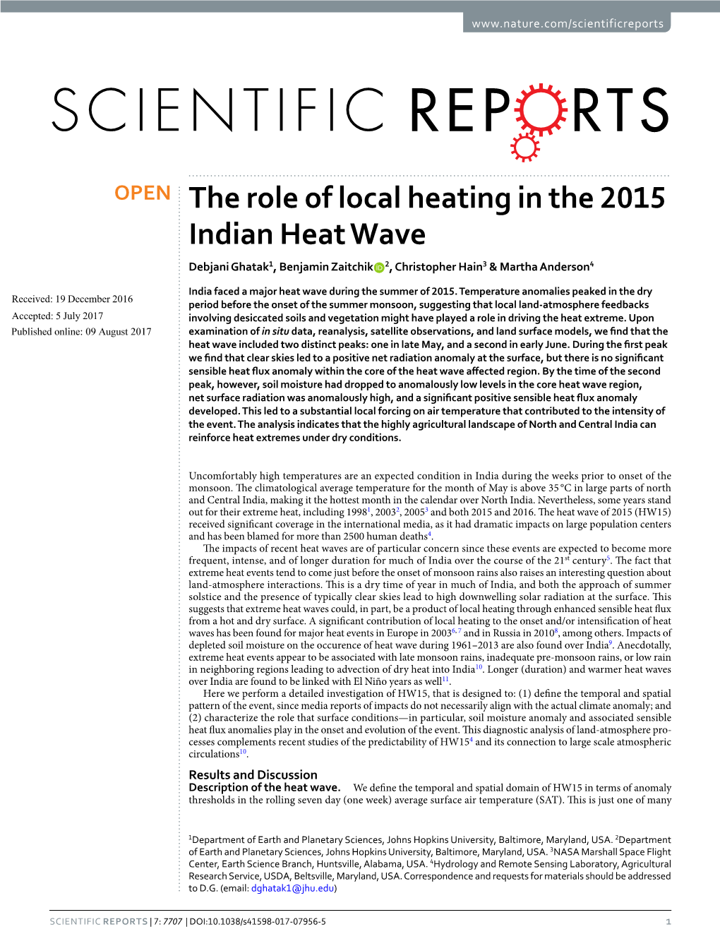 The Role of Local Heating in the 2015 Indian Heat Wave Debjani Ghatak1, Benjamin Zaitchik 2, Christopher Hain3 & Martha Anderson4