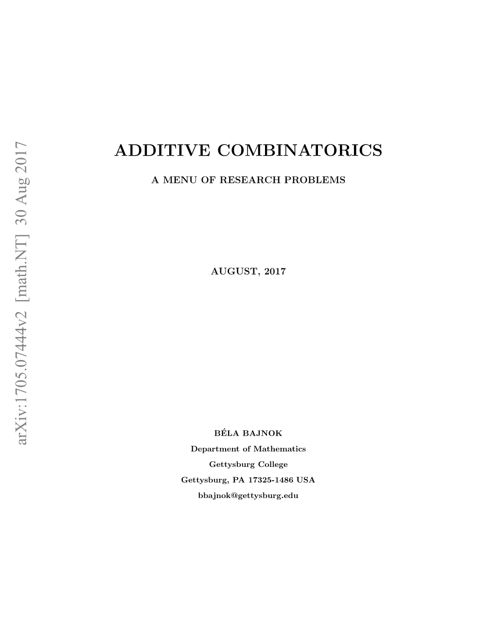 Arxiv:1705.07444V2 [Math.NT] 30 Aug 2017 ADDITIVE COMBINATORICS