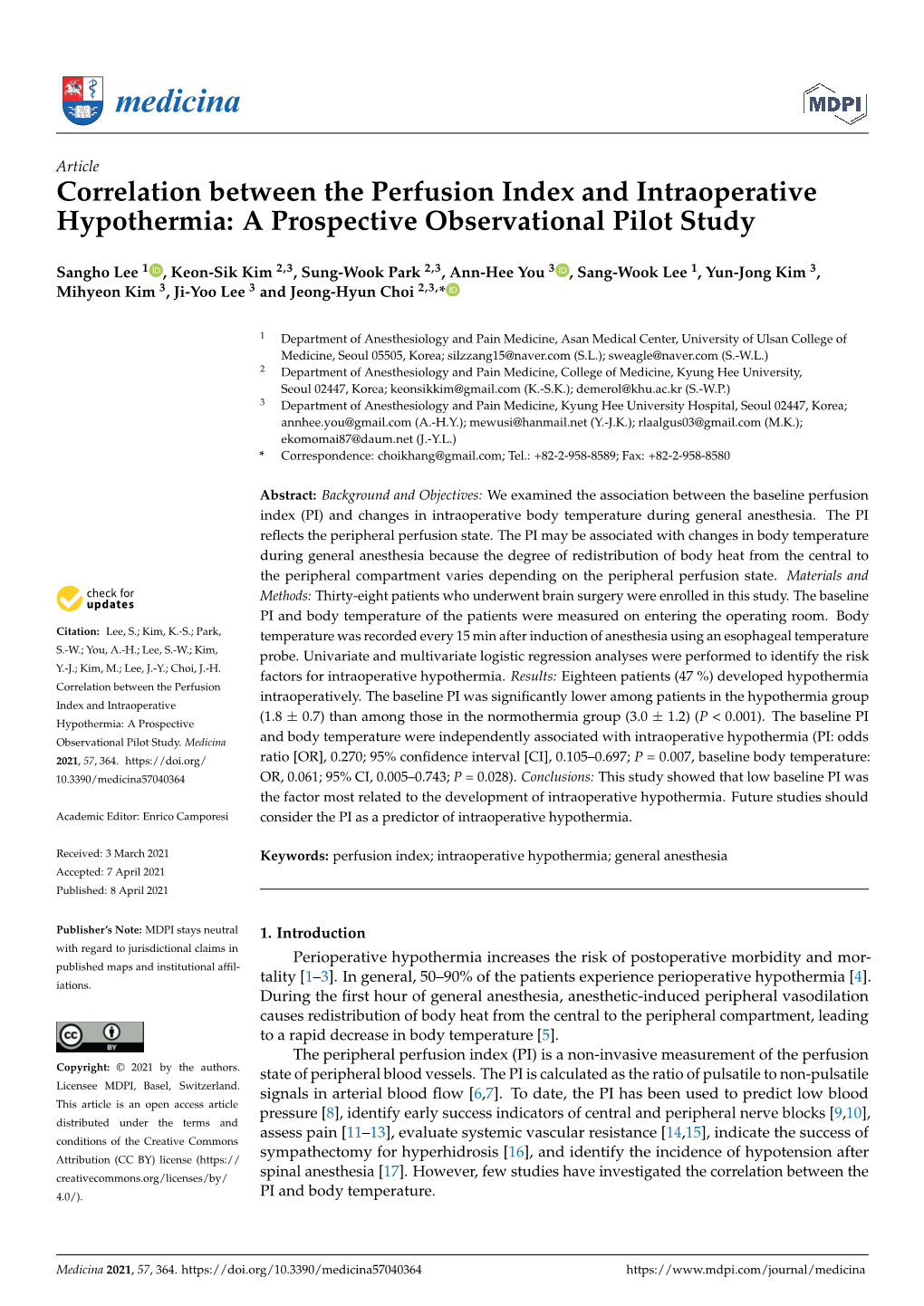 Correlation Between the Perfusion Index and Intraoperative Hypothermia: a Prospective Observational Pilot Study