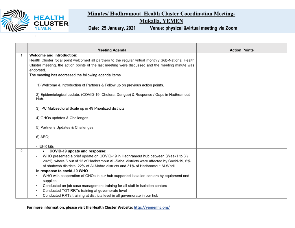 Minutes/ Hadhramout Health Cluster Coordination Meeting- Mukalla, YEMEN Date: 25 January, 2021 Venue: Physical &Virtual Meeting Via Zoom 