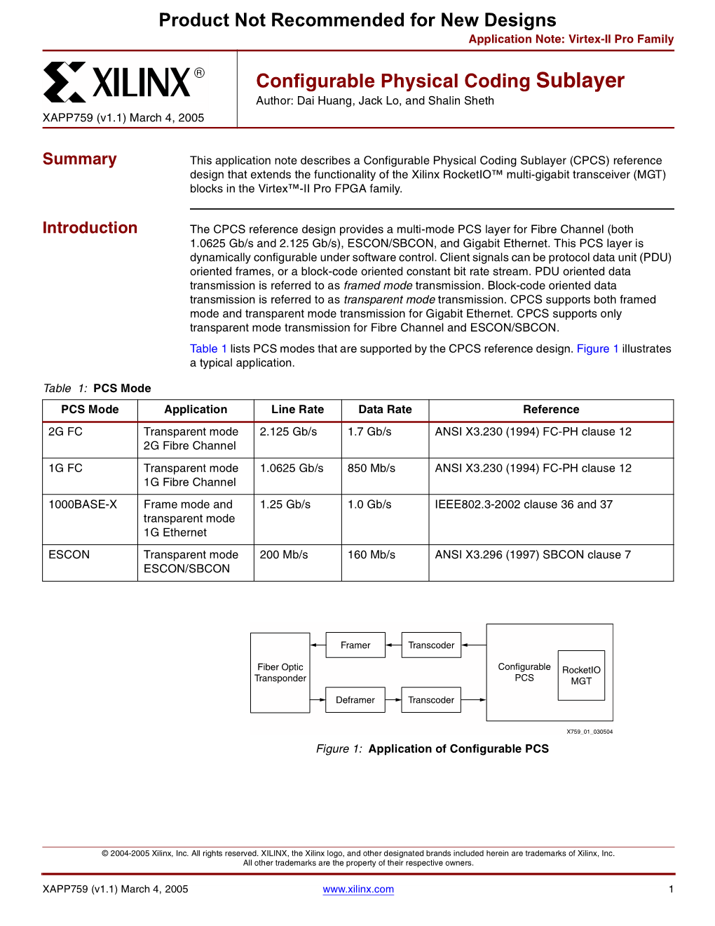 Xilinx XAPP759 Configurable Physical Coding Sublayer, Application Note