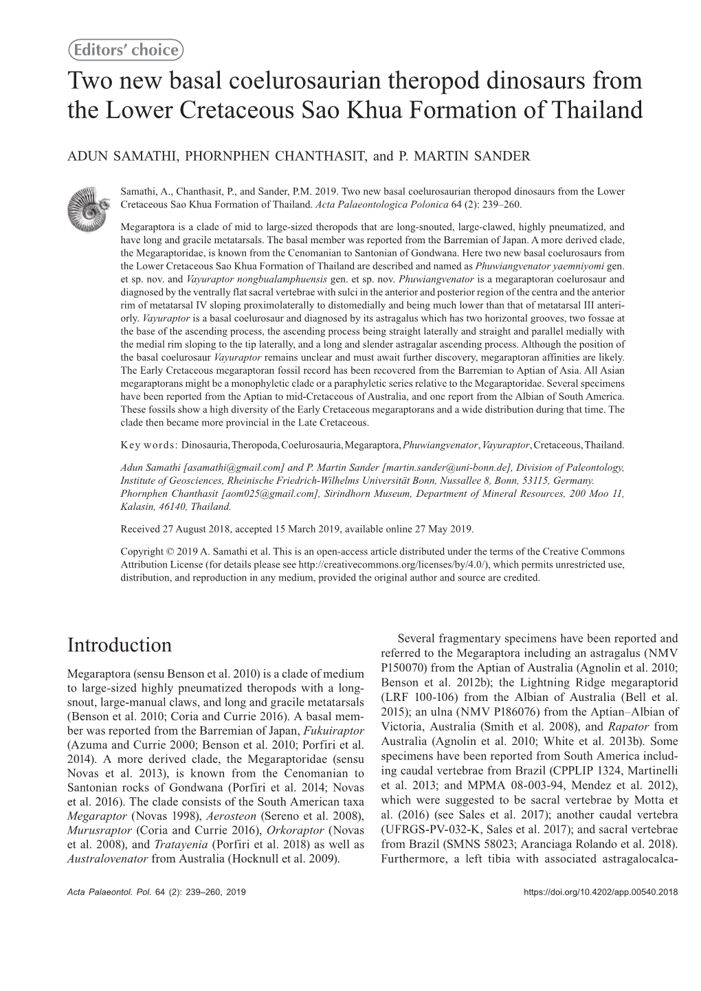 Two New Basal Coelurosaurian Theropod Dinosaurs from the Lower Cretaceous Sao Khua Formation of Thailand