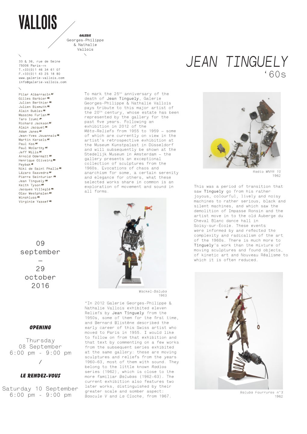 JEAN TINGUELY T.+33(0)1 46 34 61 07 F.+33(0)1 43 25 18 80 ‘60S Info@Galerie-Vallois.Com