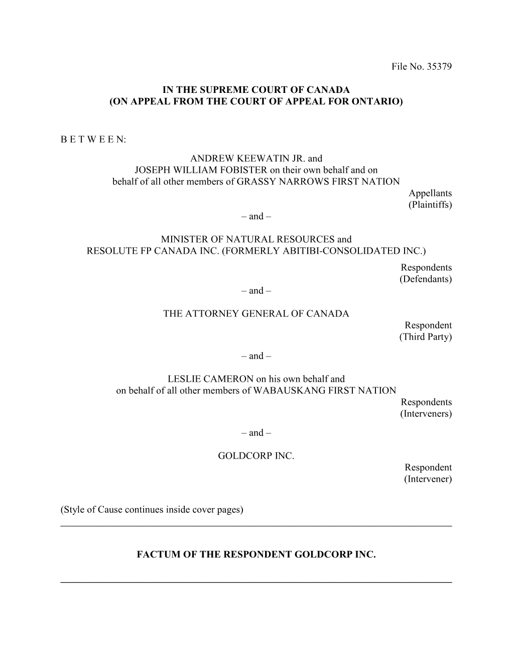 File No. 35379 in the SUPREME COURT of CANADA (ON APPEAL