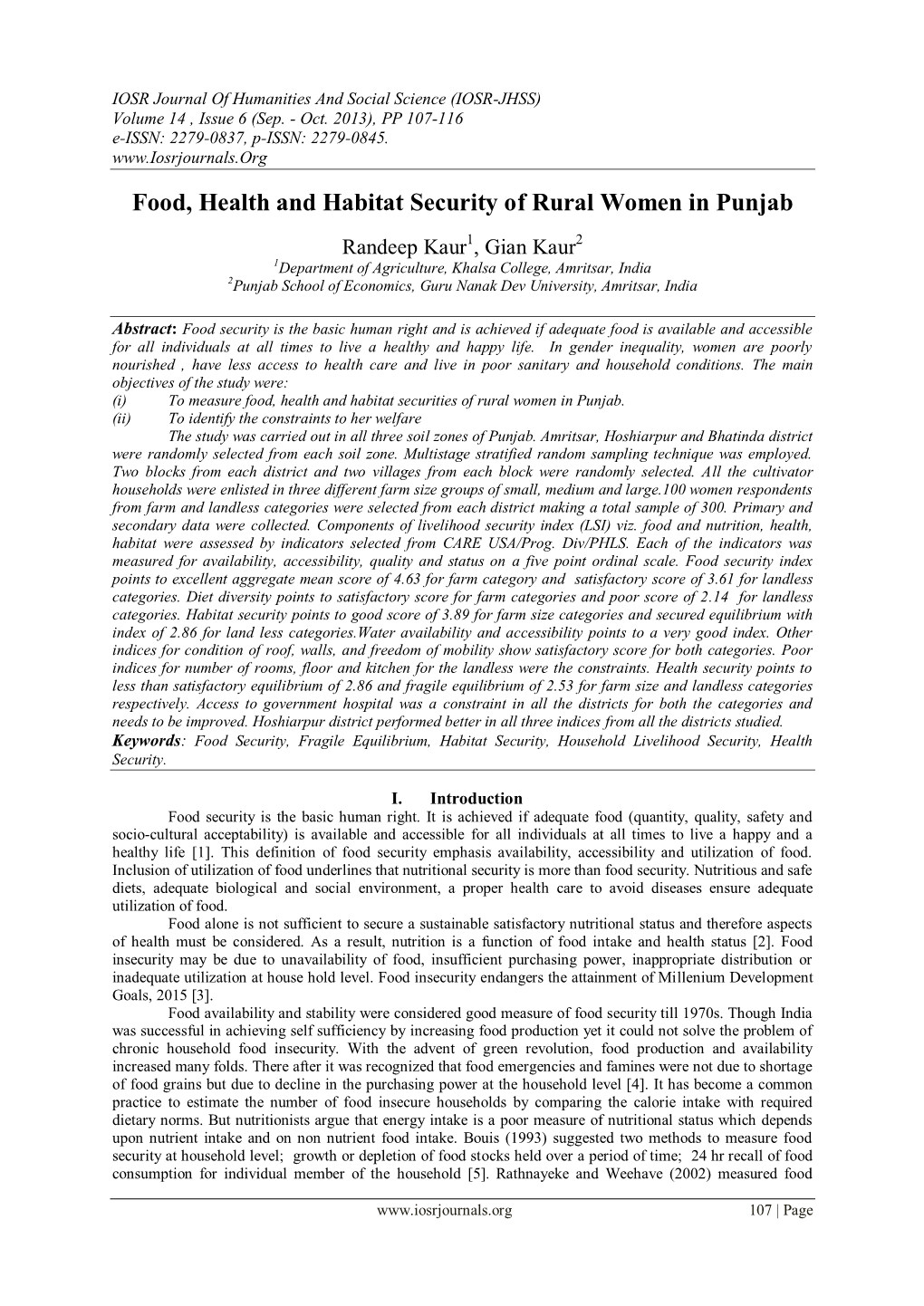 Food, Health and Habitat Security of Rural Women in Punjab