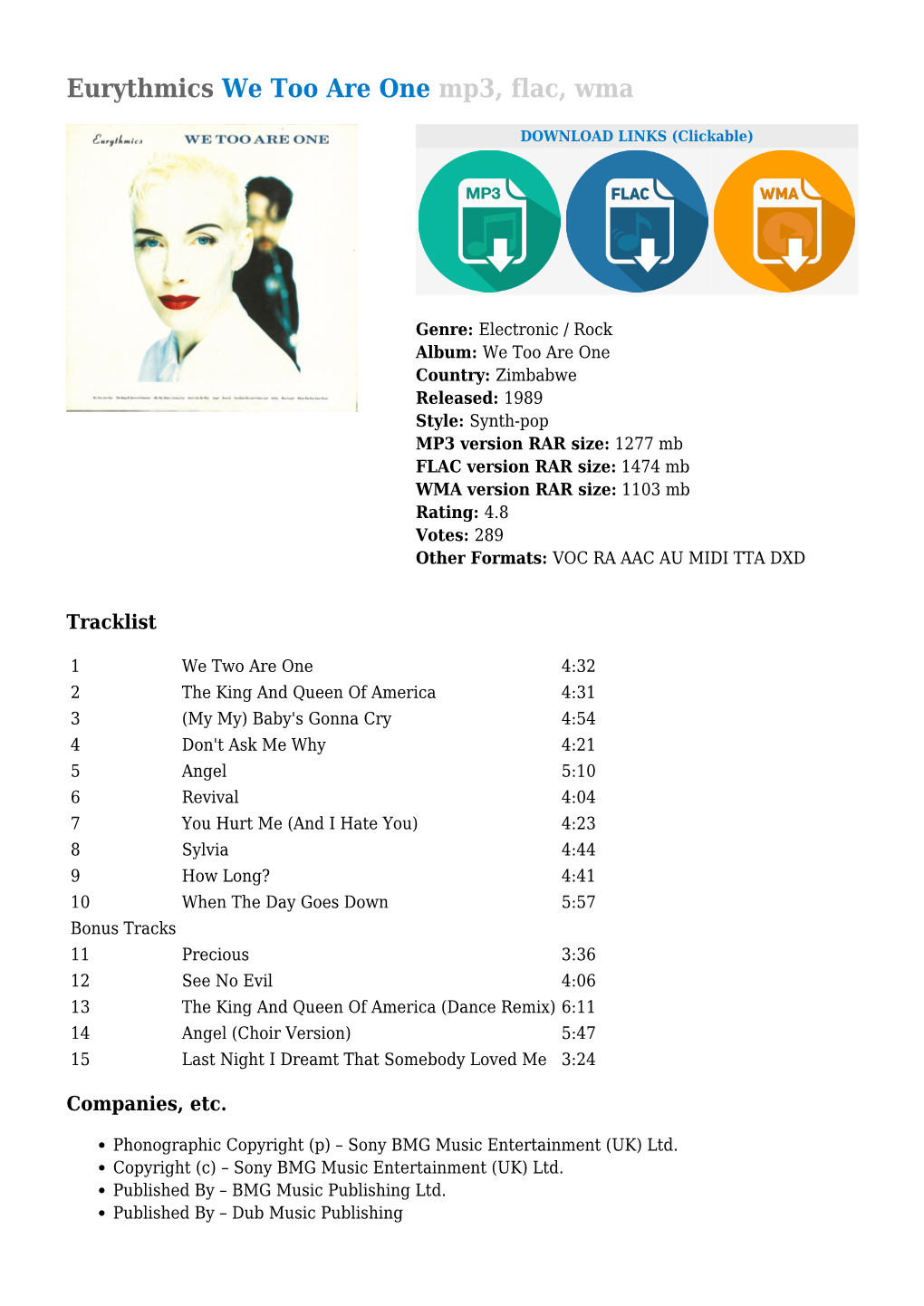 Eurythmics We Too Are One Mp3, Flac, Wma