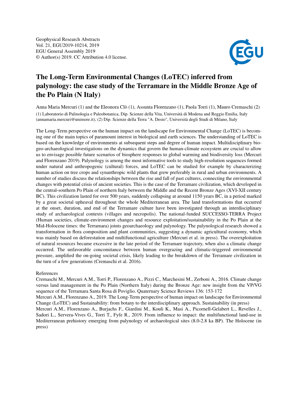 The Long-Term Environmental Changes (Lotec) Inferred from Palynology: the Case Study of the Terramare in the Middle Bronze Age of the Po Plain (N Italy)