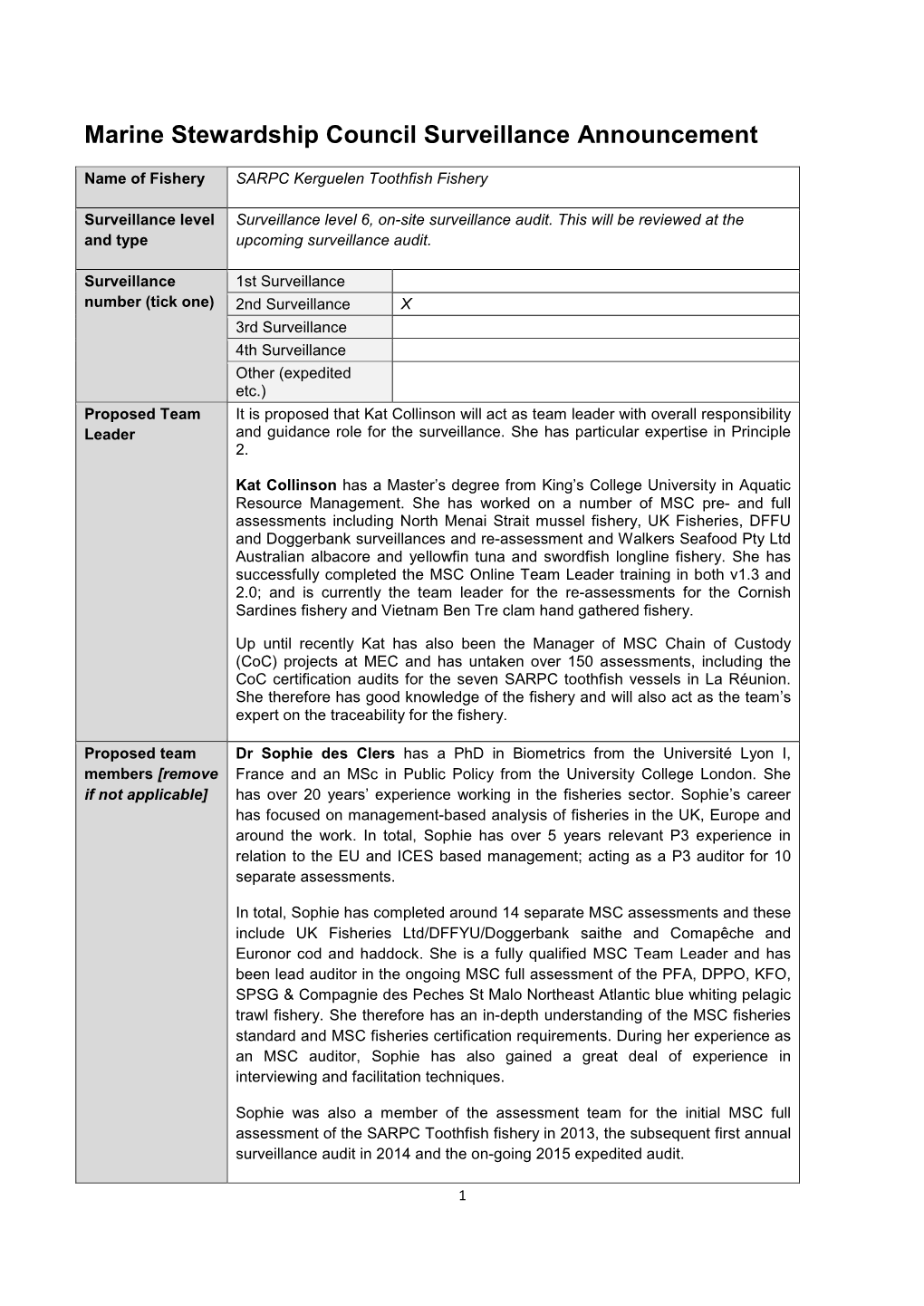 Marine Stewardship Council Surveillance Announcement