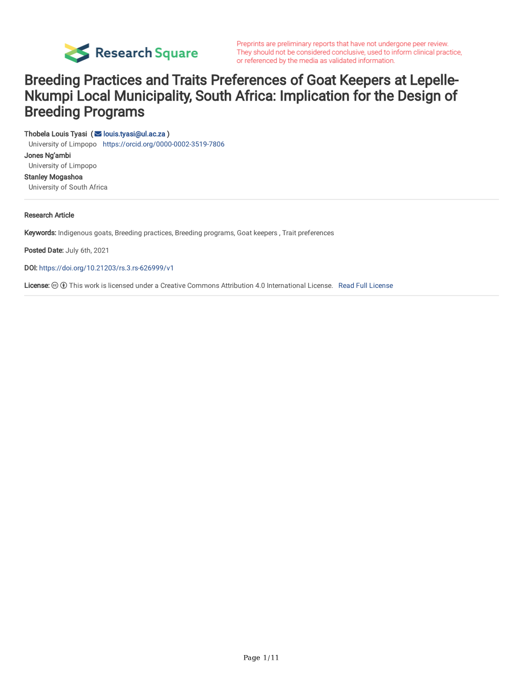 Breeding Practices and Traits Preferences of Goat Keepers at Lepelle- Nkumpi Local Municipality, South Africa: Implication for the Design of Breeding Programs