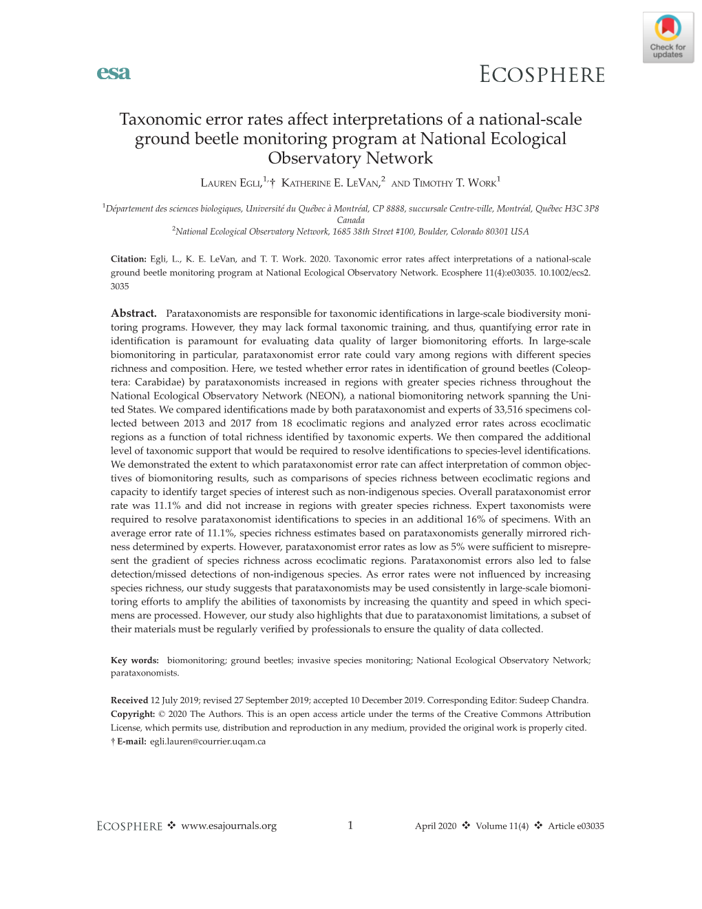 Taxonomic Error Rates Affect Interpretations of a National‐Scale Ground Beetle Monitoring Program at National Ecological Obser