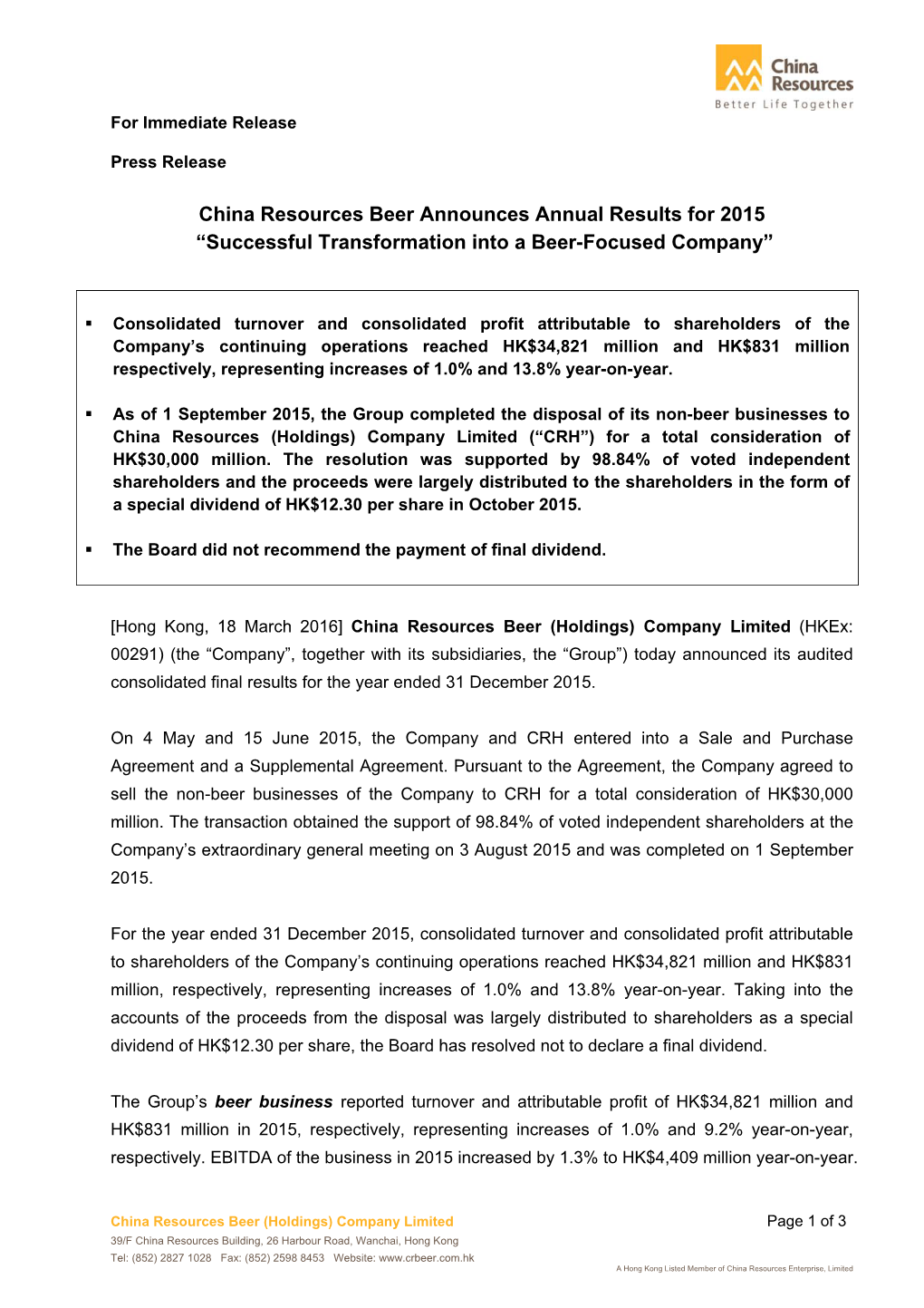 China Resources Beer Announces Annual Results for 2015 “Successful Transformation Into a Beer-Focused Company”
